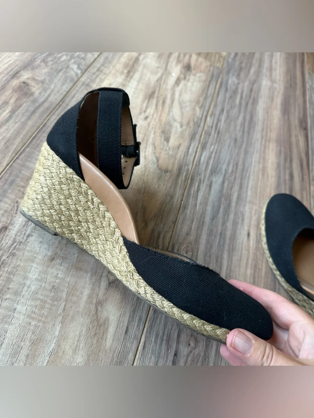 Vionic Amy Wedge Espadrille Sandals Size 9 Black Canvas Buckle Ankle Strap